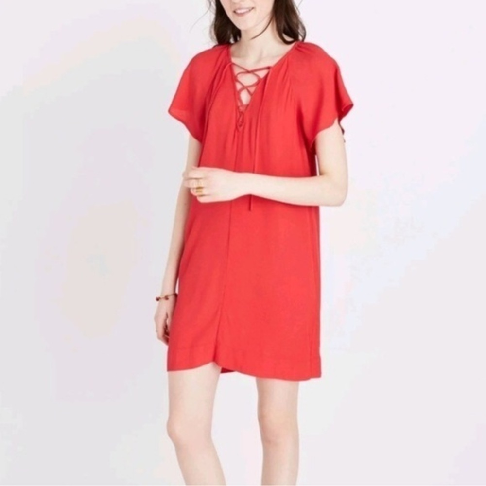 Madewell cottagecore, whimsical romantic, feminine Red Lace-Up Midi Dress